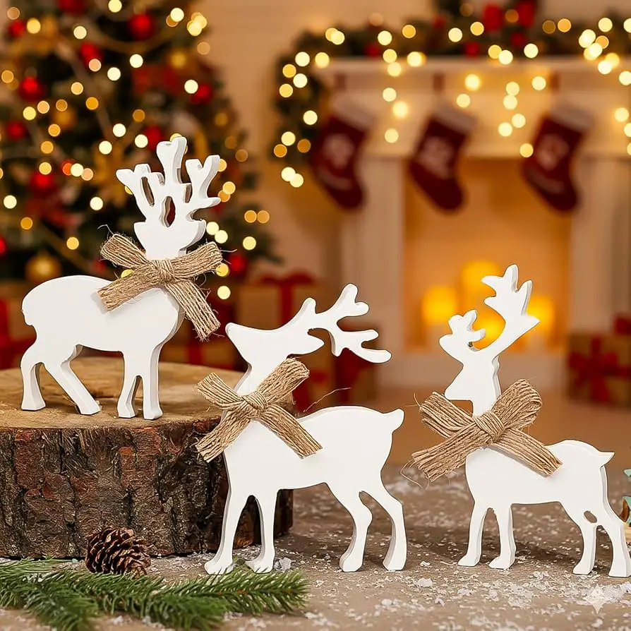 White Wooden Reindeer Decorations on Farmhouse Mantel — Farmhouse Christmas Mantel