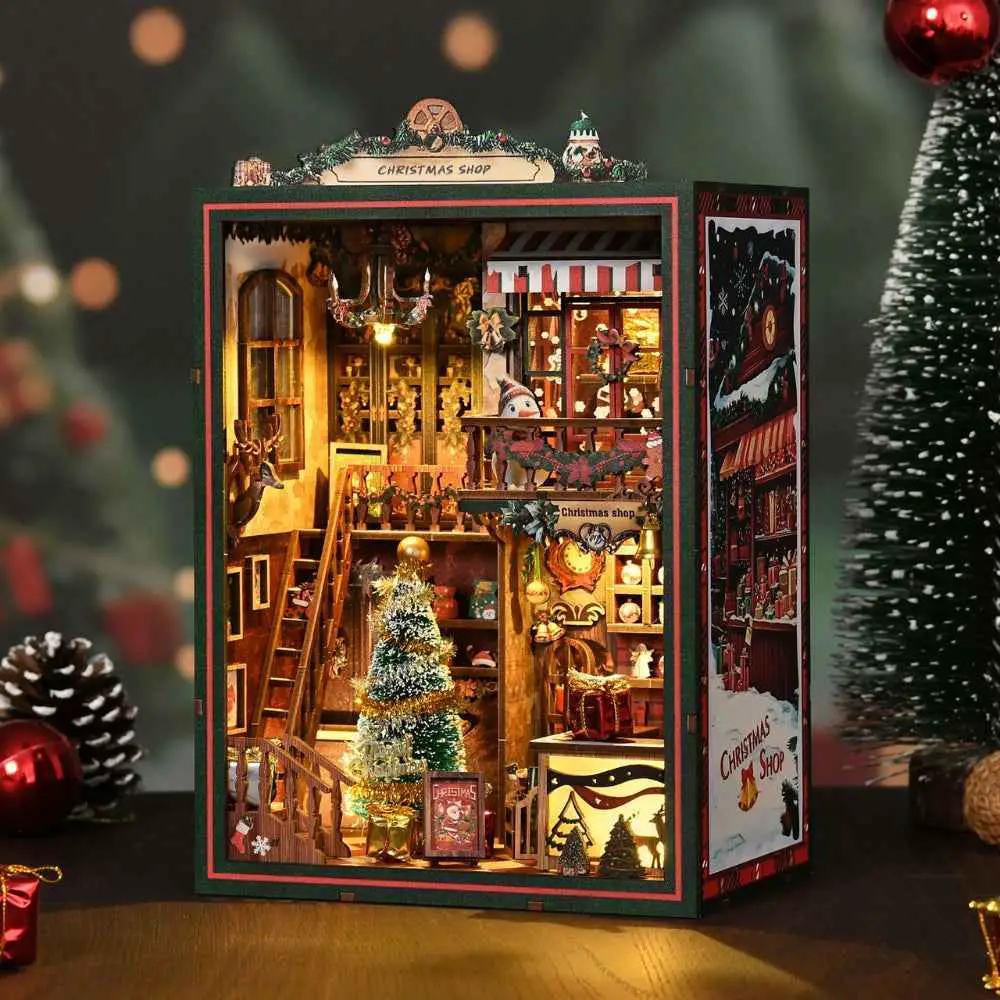 Intricate Miniature Christmas Shop Bookshelf Insert Intricate Miniature Christmas Shop Bookshelf Insert — Christmas Bookshelf Decor