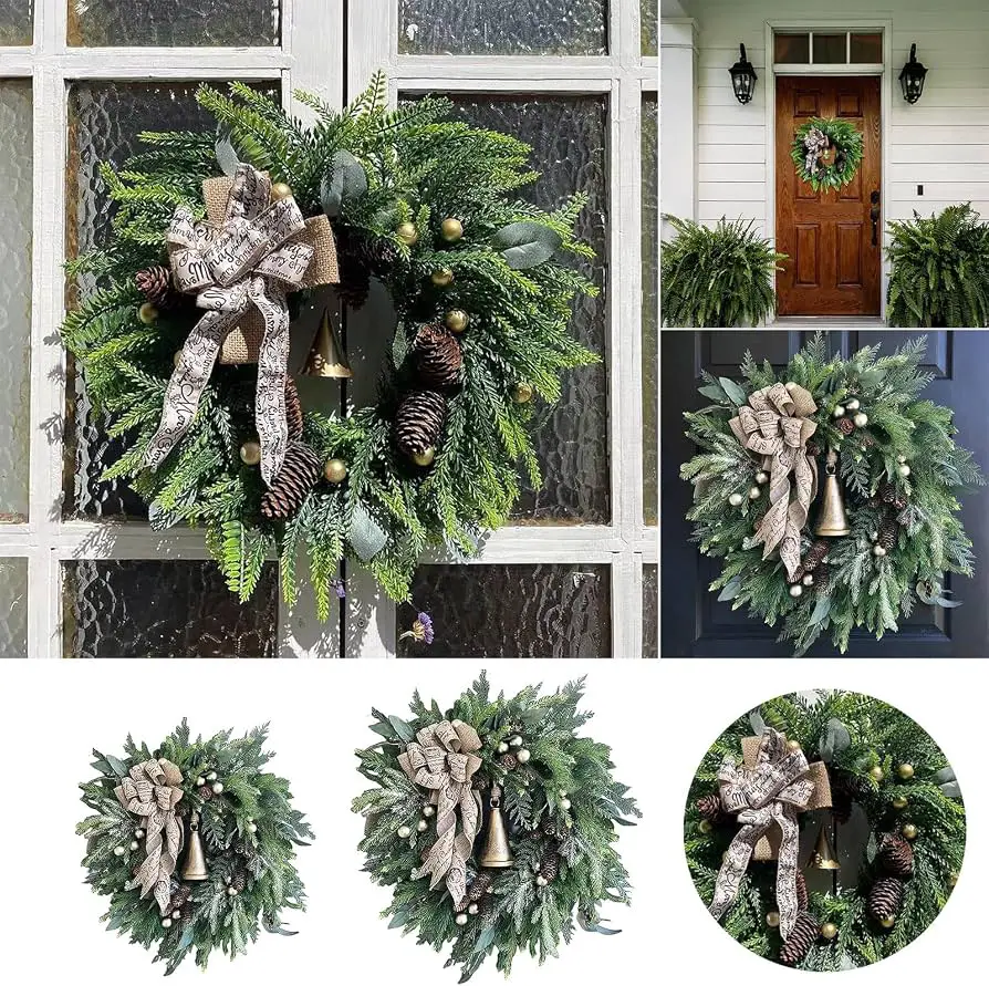 Farmhouse Evergreen Wreath with Burlap Bow and Bells Farmhouse Evergreen Wreath with Burlap Bow and Bells — Christmas Window Wreaths