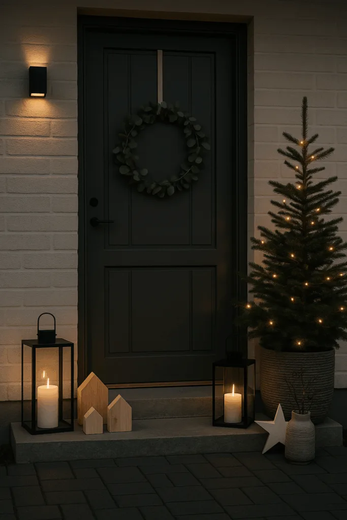 Modern Door with Eucalyptus Wreath and Black Lanterns — Winter Front Door Decor