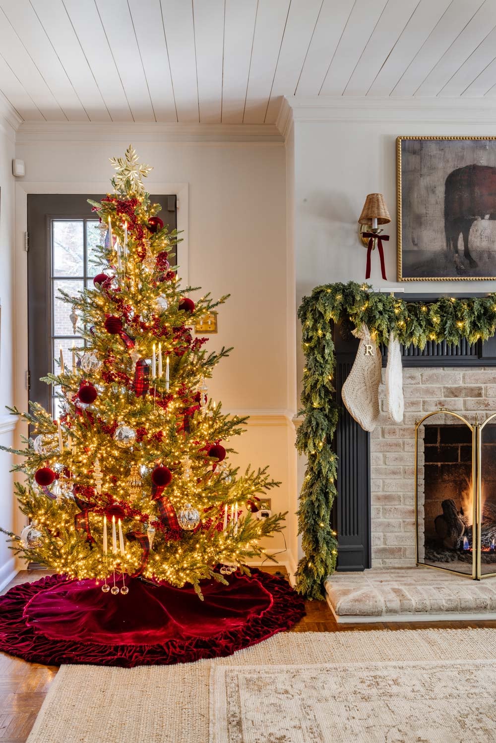 Traditional Christmas Scene with Ornate Tree and Velvet Skirt — Whimsical Christmas Decor