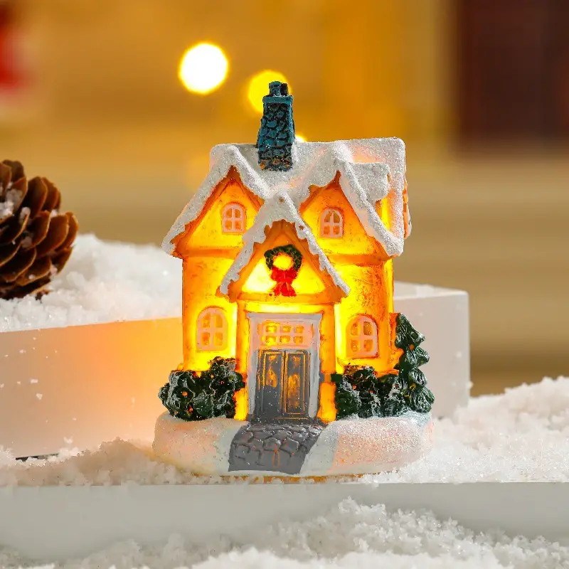 Single Illuminated House with Festive Wreath — Christmas Village Display