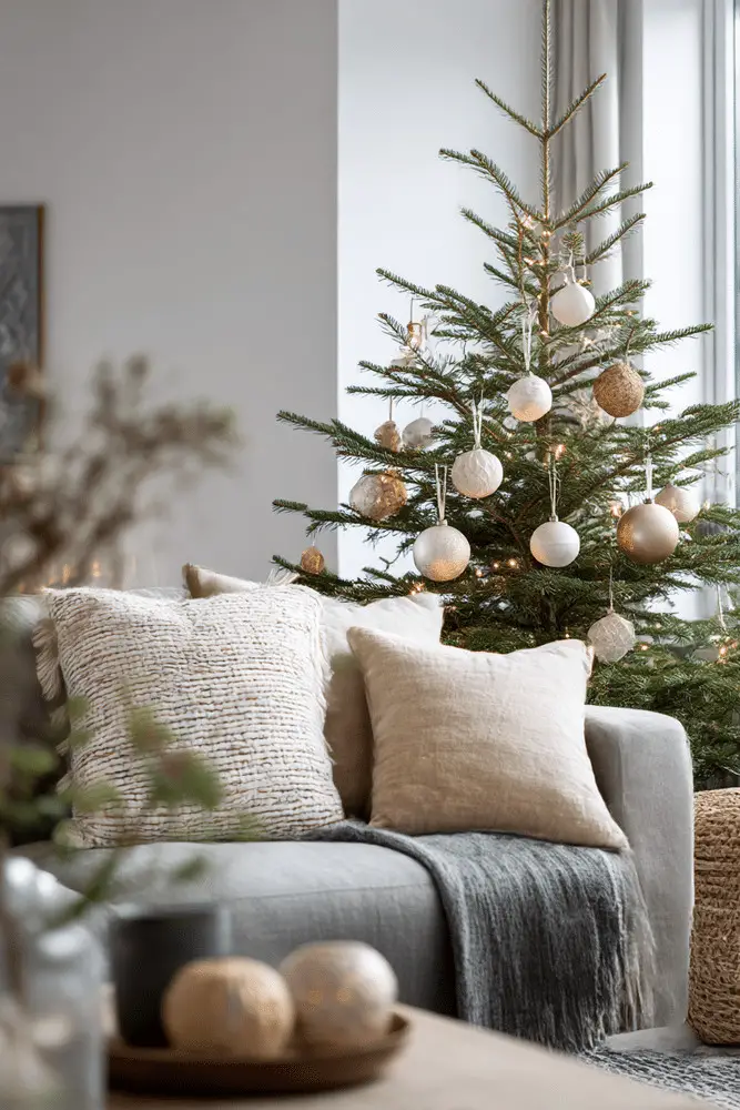 Cozy Scandi Living Room Corner with Simple Christmas Tree Cozy Scandi Living Room Corner with Simple Christmas Tree — Simple Christmas Decor