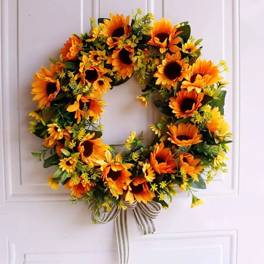 Vibrant Sunflower Wreath with Striped Bow on White Door Vibrant Sunflower Wreath with Striped Bow on White Door — Ornament Wreath