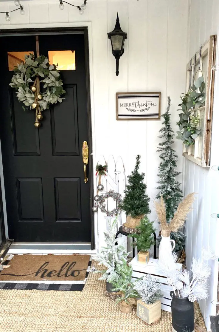 Welcoming Farmhouse Entrance with Black Double Doors and Wreaths Welcoming Farmhouse Entrance with Black Double Doors and Wreaths — Farmhouse Christmas Porch