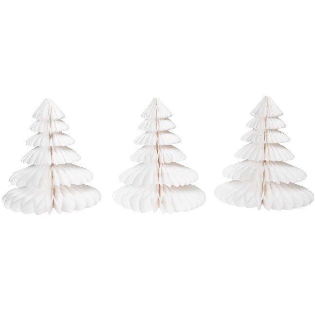 Three White Honeycomb Paper Trees in a Row Three White Honeycomb Paper Trees in a Row — White Christmas Tree Decor