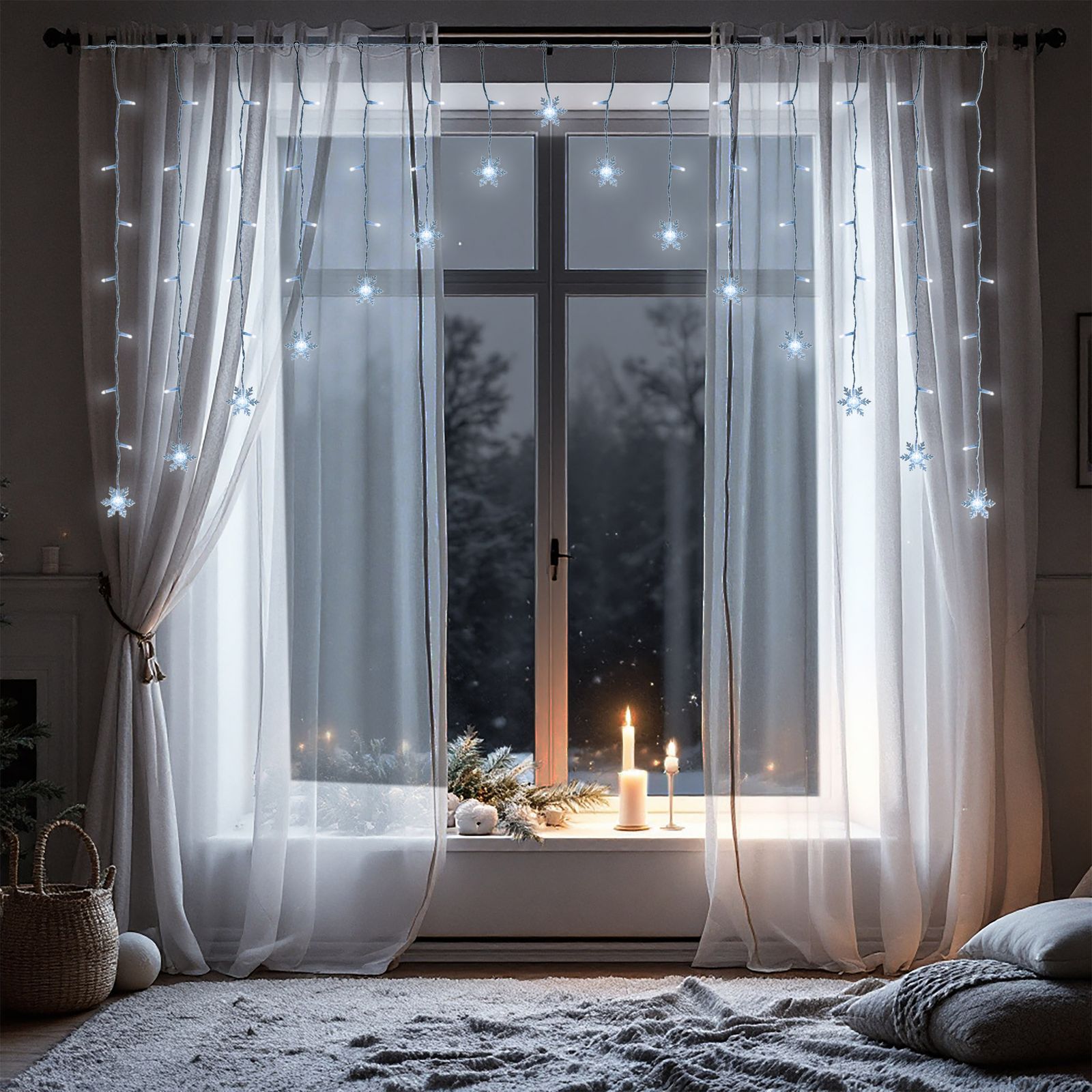 Modern Living Room Window with Snowflake Fairy Lights on Curtains Modern Living Room Window with Snowflake Fairy Lights on Curtains — Christmas Fairy Lights Living Room