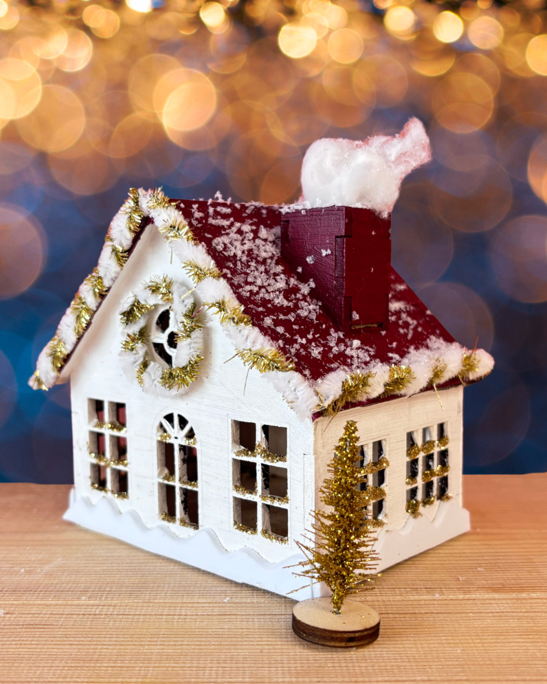 Kitschy Decorated Model House with Tinsel Trim — Christmas Crafts for Adults