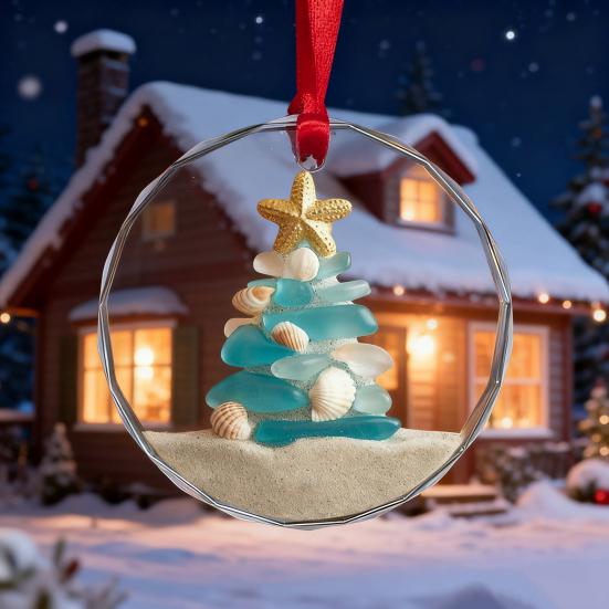 Coastal Christmas Ornament with Sea Glass Tree and Snowy House Coastal Christmas Ornament with Sea Glass Tree and Snowy House — Coastal Christmas Decor