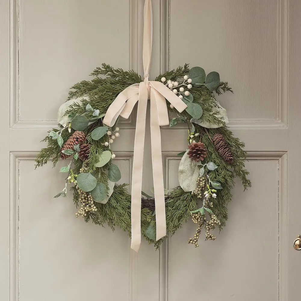 Natural Elegance: Evergreen and Pinecone Wreath with Beige Ribbon Natural Elegance: Evergreen and Pinecone Wreath with Beige Ribbon — Christmas Front Door Decor