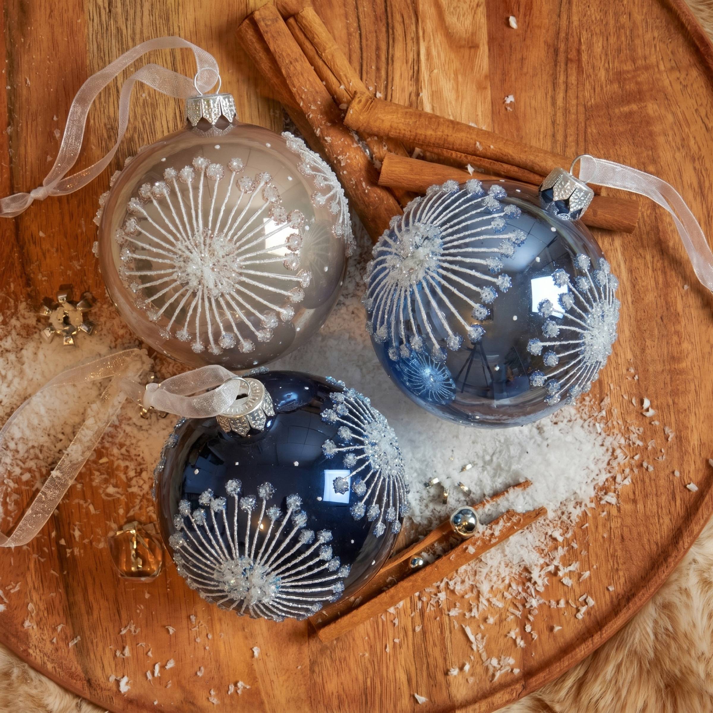 Blue and Silver Glass Baubles with Snowflake Designs — Blue and Silver Christmas Tree