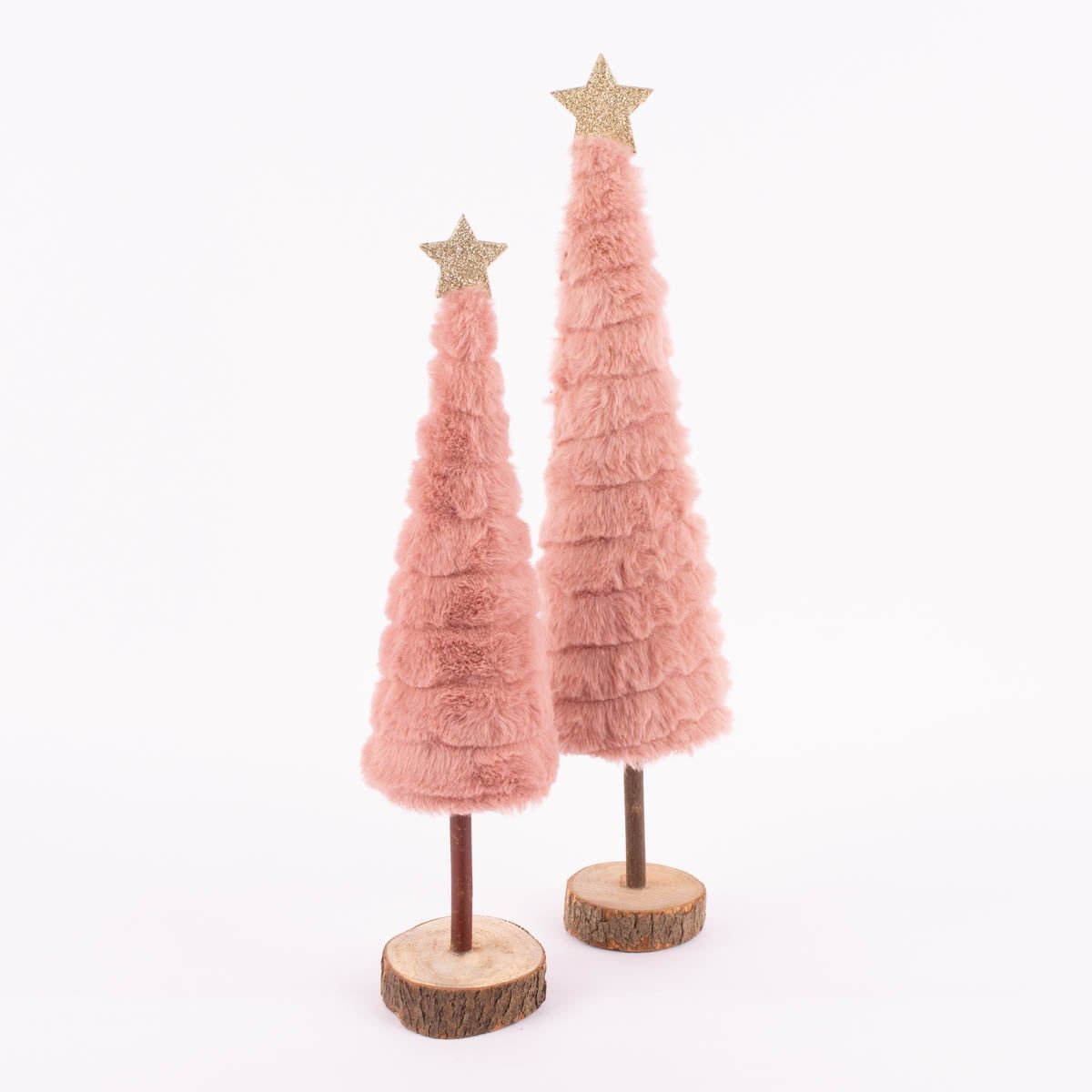 Rustic Pink Faux Fur Tabletop Trees with Gold Stars — Pink and Gold Christmas Tree