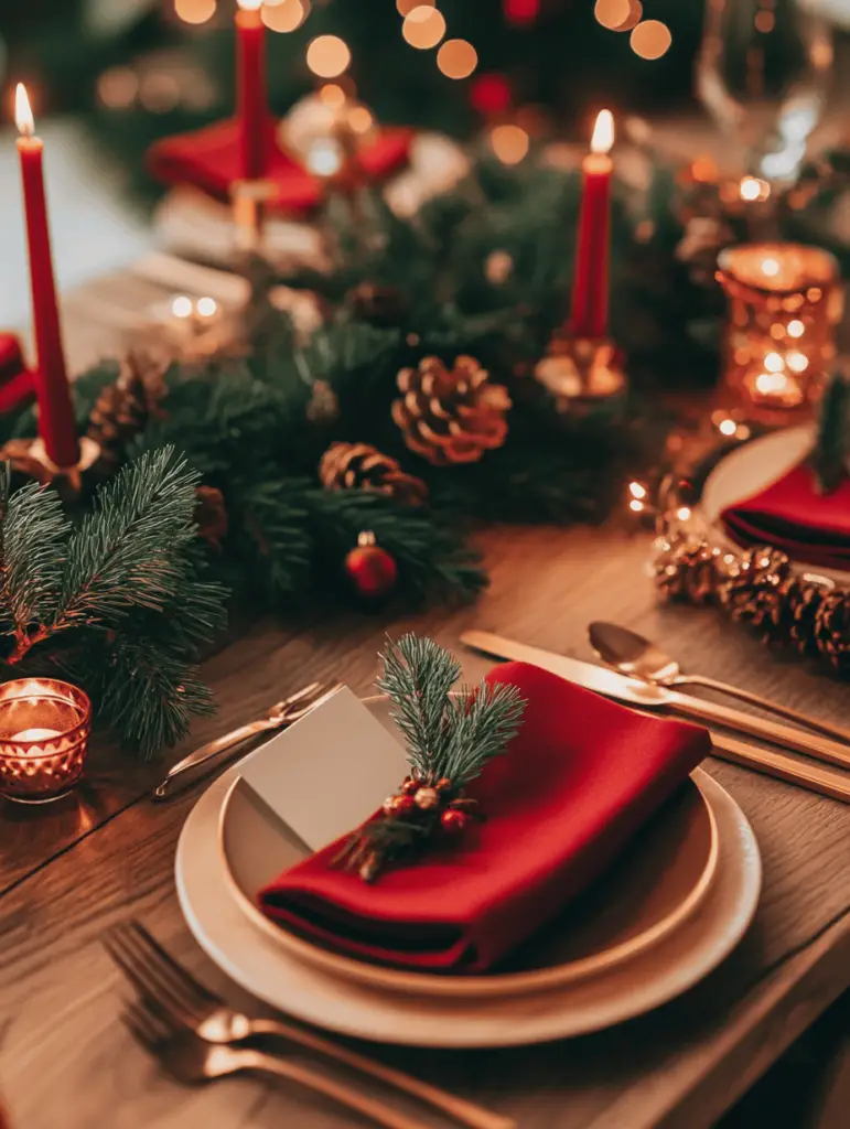 Modern Christmas Table Setting with Red Napkins — Red and Green Christmas Decor