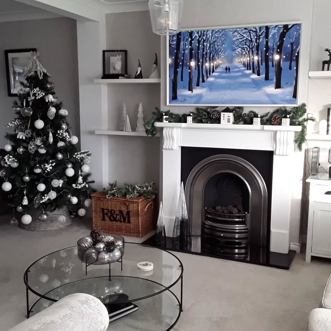 Ornate Fireplace Mantel in Modern Silver and White Scheme — Modern Christmas Decor