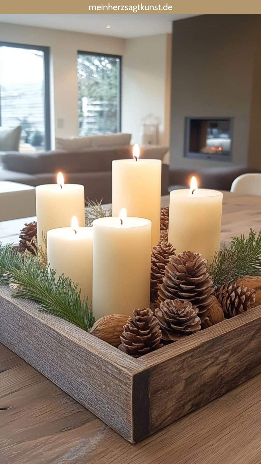 Modern Rustic Tiered Tray with Pillar Candles and Natural Elements — Christmas Tiered Tray