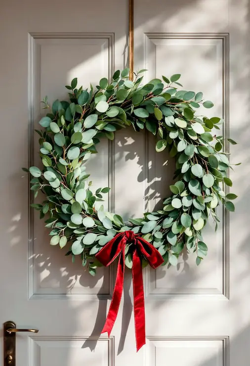 Eucalyptus Wreath with a Bold Red Velvet Ribbon Eucalyptus Wreath with a Bold Red Velvet Ribbon — Ornament Wreath