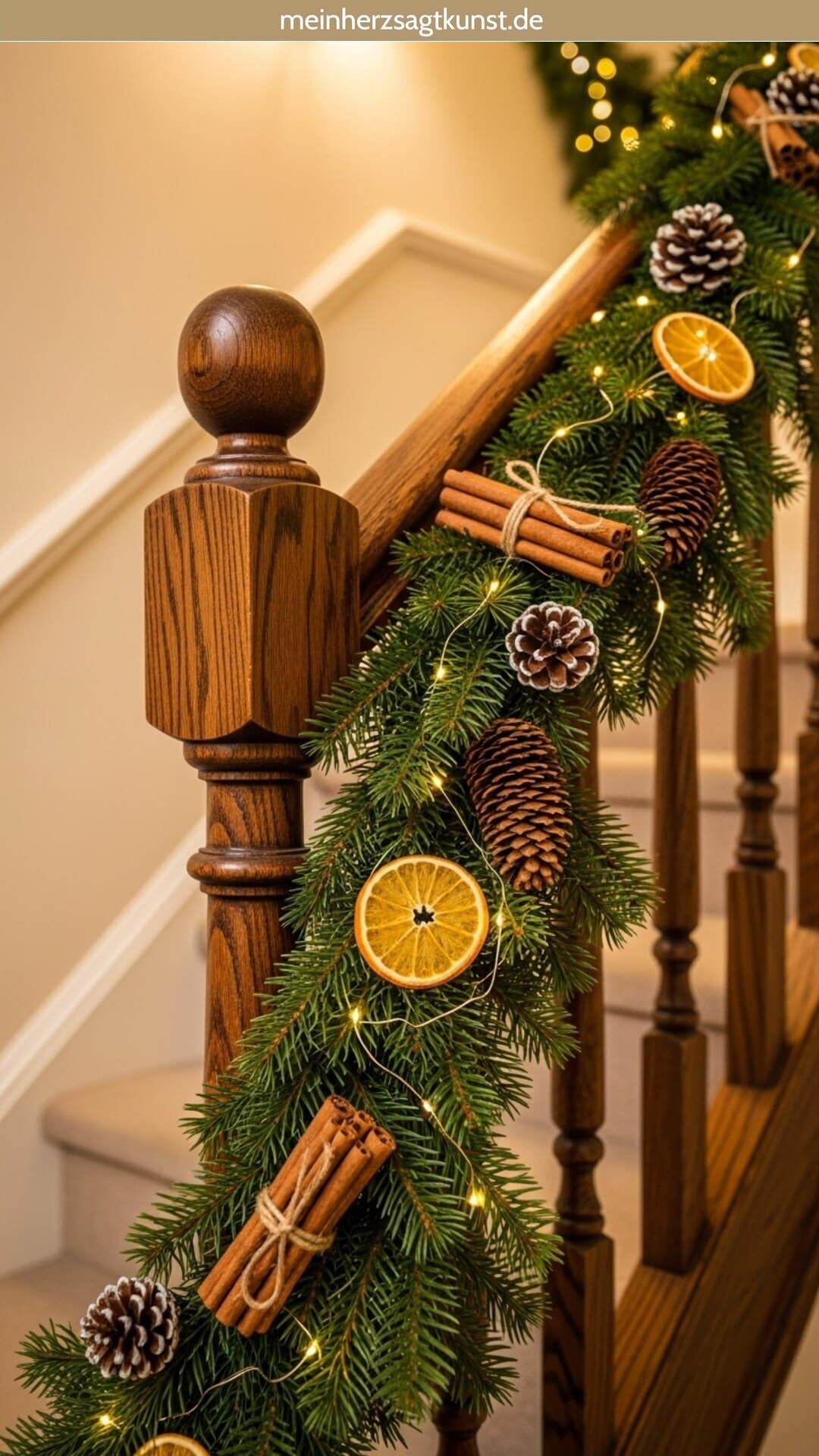 Close-Up on Natural Garland with Oranges, Cinnamon, and Pinecones — Christmas Stair Garland