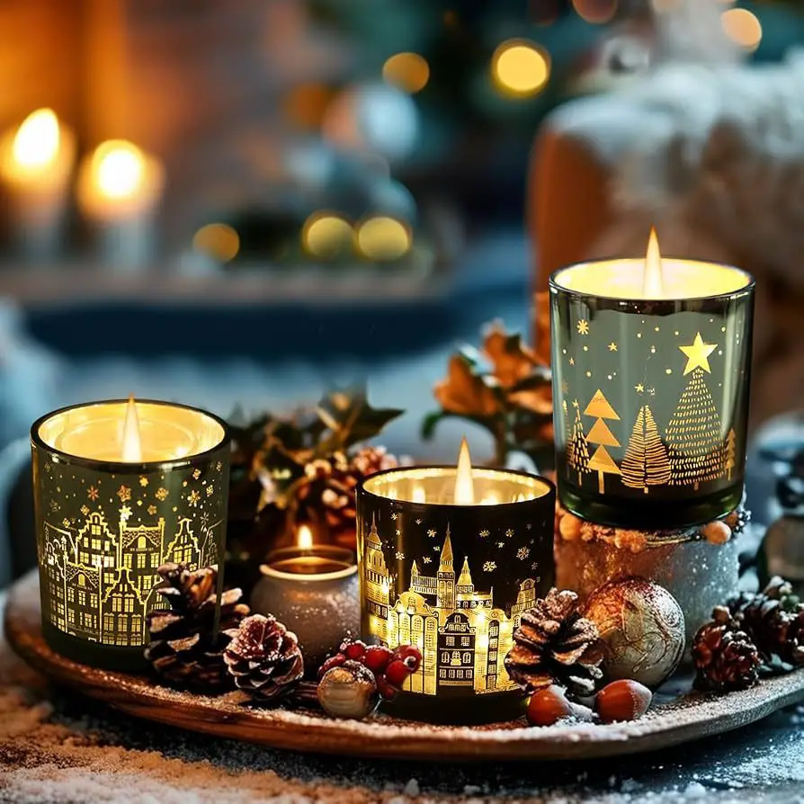 Festive Glass Candle Holders with Gold Christmas Village Designs — Christmas Candle Decor