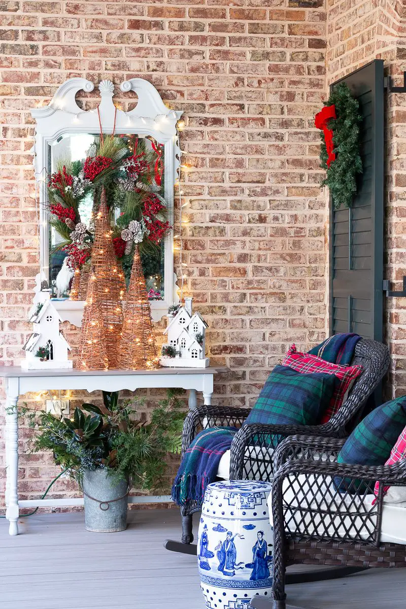 Farmhouse Porch Seating with Lighted Trees on Console Farmhouse Porch Seating with Lighted Trees on Console — Farmhouse Christmas Porch