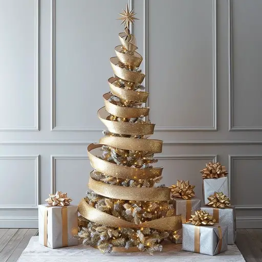 Elegant Christmas Tree with Gold Ribbon Spiral and Silver Gifts — Glam Christmas Tree