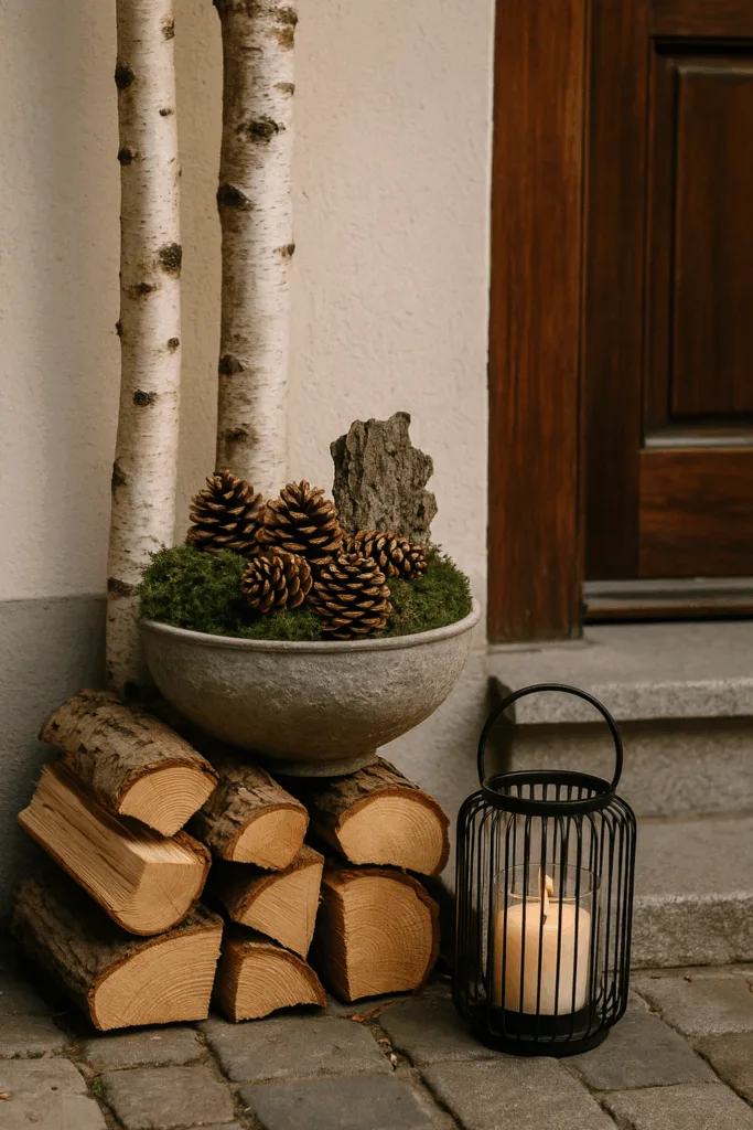 Natural Winter Vignette with Stacked Logs and Lantern — Winter Front Door Decor
