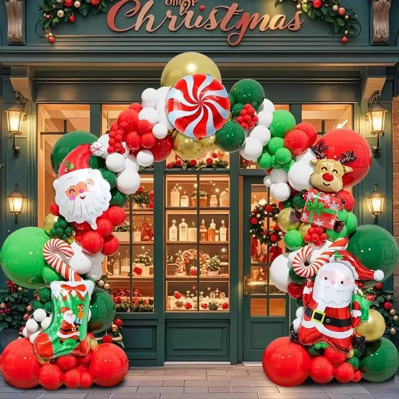 Impressive Balloon Arch with Santa and Reindeer Foil Balloons for Store Entrance — Christmas Balloon Garland