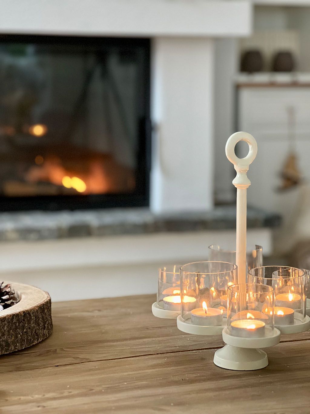 Modern Rustic Candle Holder with Fireplace Glow — Winter Decor After Christmas
