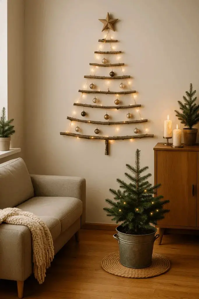 Scandi-Boho Living Room Corner with a Wall-Mounted Christmas Tree Scandi-Boho Living Room Corner with a Wall-Mounted Christmas Tree — Christmas Fairy Lights Living Room