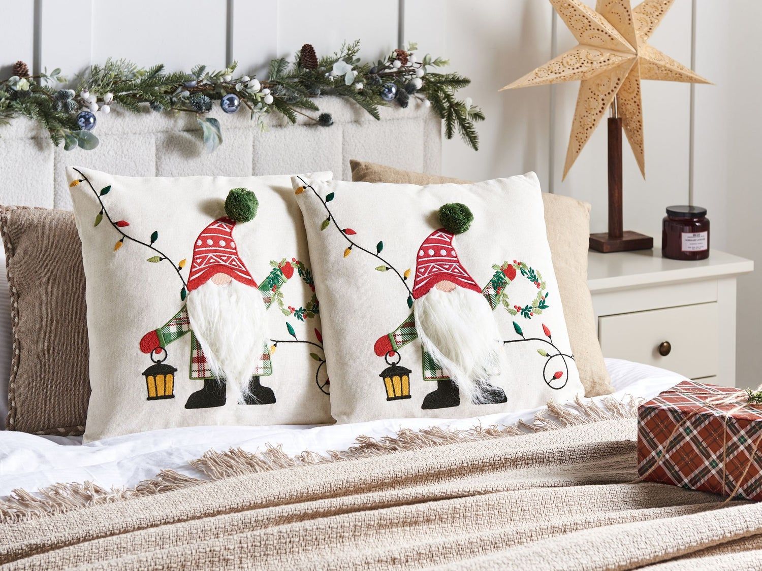 Modern Bedroom with Gnome Pillows and Garland — Christmas Bedroom Decor