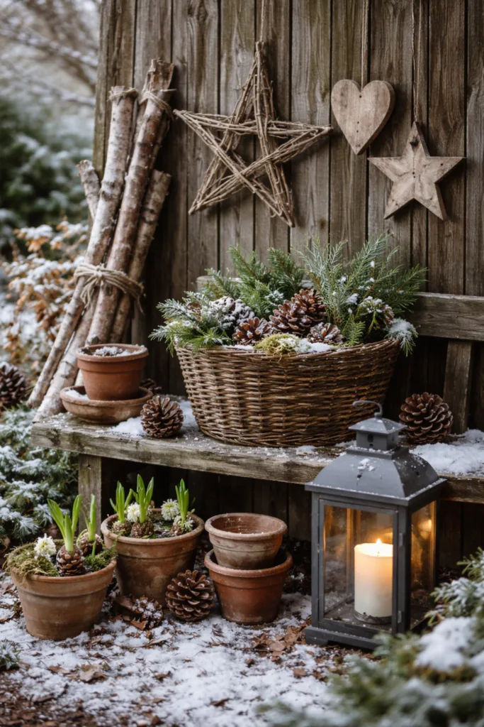 Rustic Garden Bench with Wicker Basket of Greenery — Winter Porch Decor