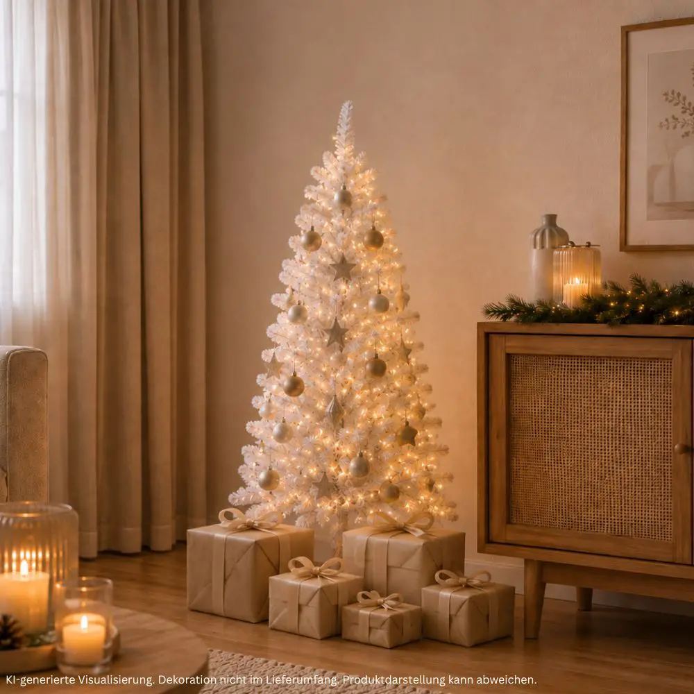A Tall White Christmas Tree Anchors a Cozy Modern Living Room A Tall White Christmas Tree Anchors a Cozy Modern Living Room — White Christmas Tree Decor