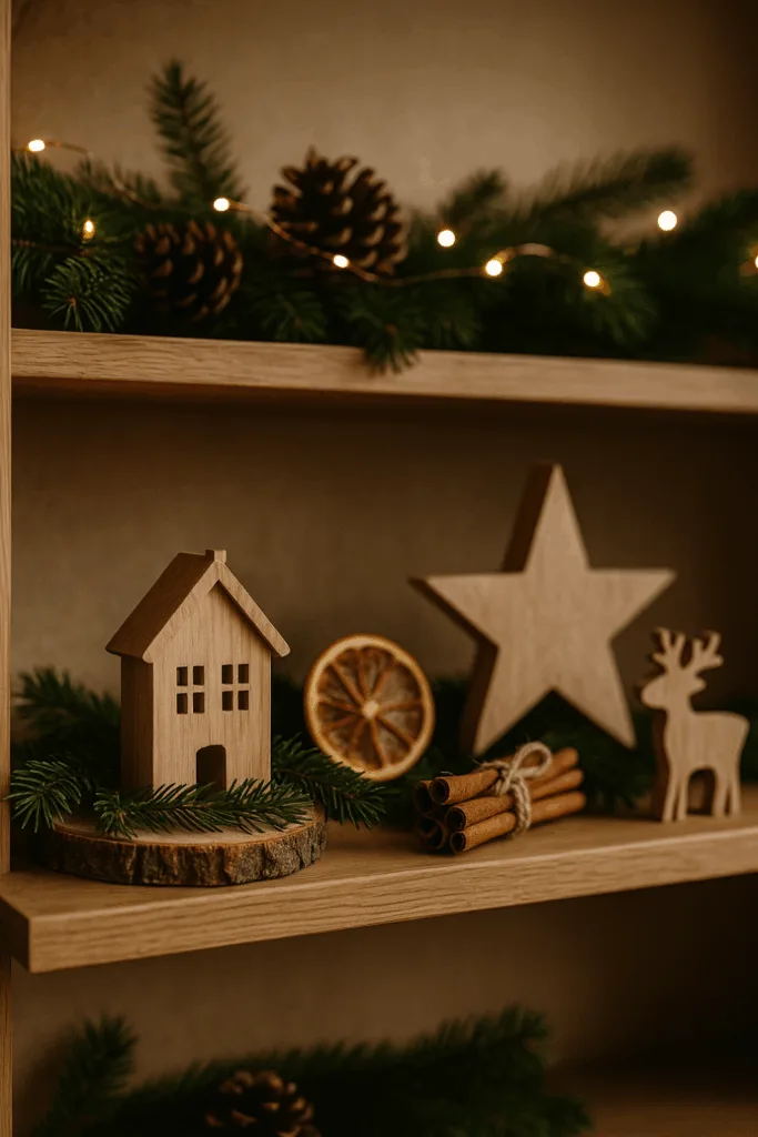 Rustic Bookshelf Vignette with Natural Elements Rustic Bookshelf Vignette with Natural Elements — Christmas Bookshelf Decor