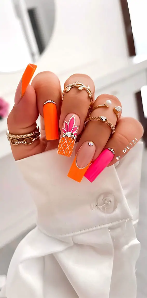 Neon Orange And Hot Pink Pineapple French Nails Neon Orange And Hot Pink Pineapple French Nails — pineapple nails ideas 2027