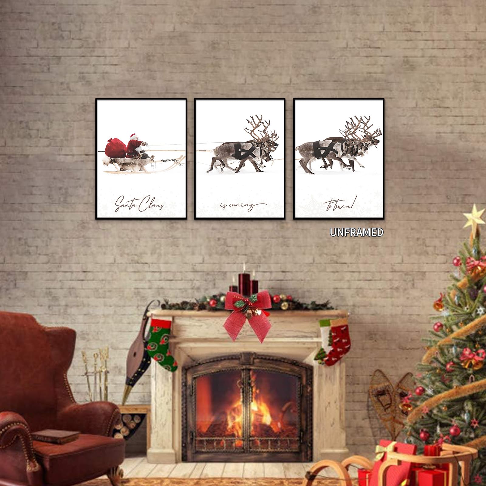 Triptych Canvas Art of Santa and Reindeer — Christmas Wall Decor