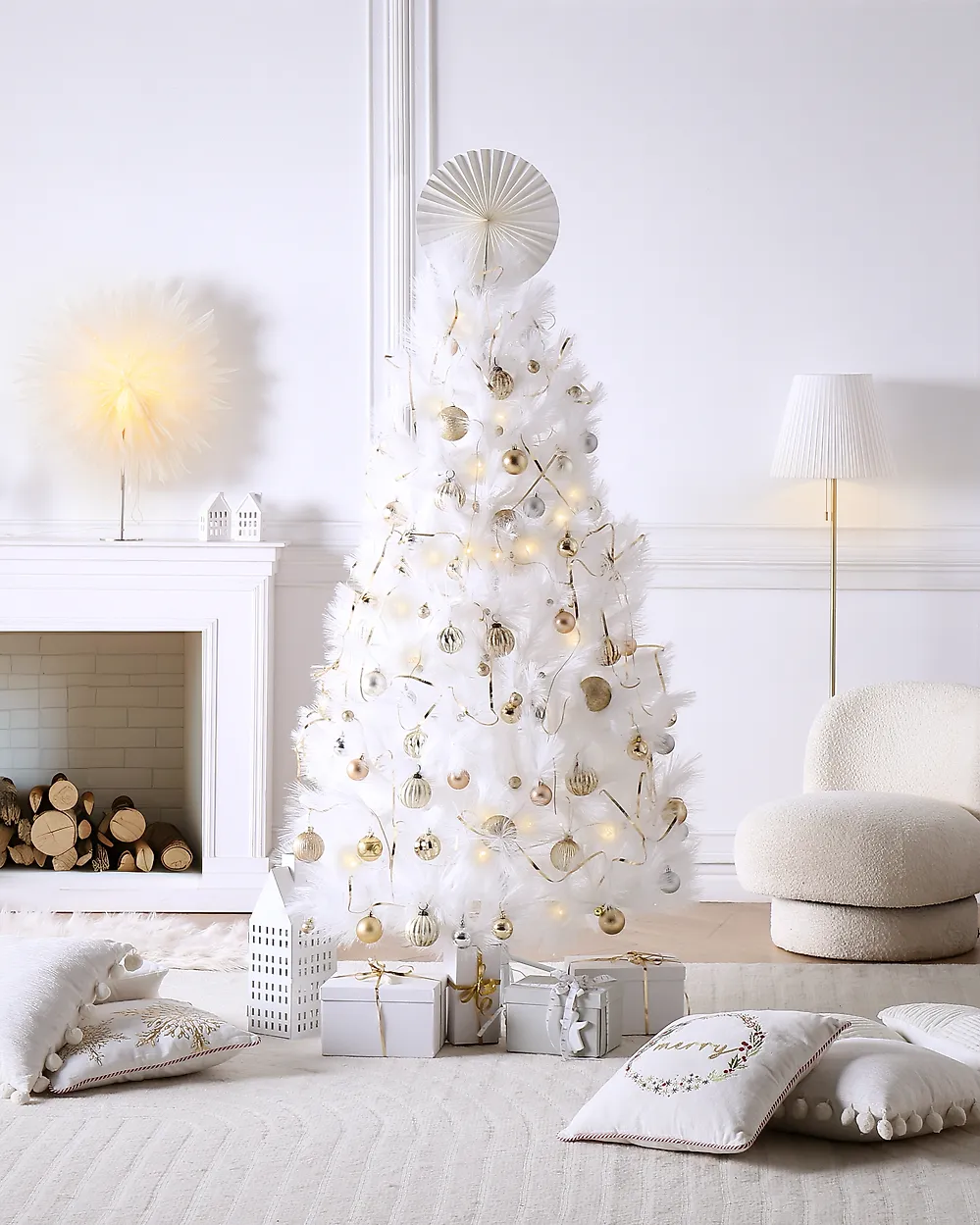 Striking White Artificial Christmas Tree with Metallic Accents — Neutral Christmas Tree