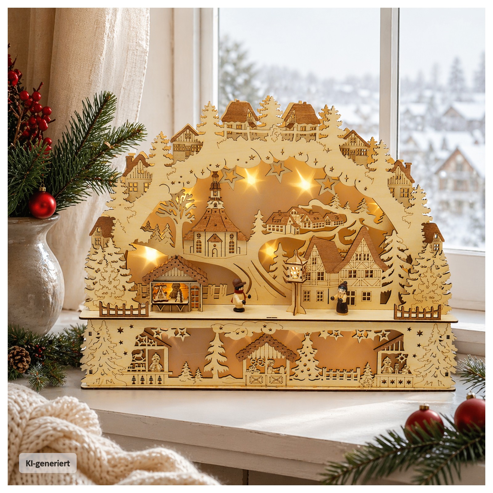 Multi-Layered Illuminated Wooden Village on Windowsill — Christmas Village Display