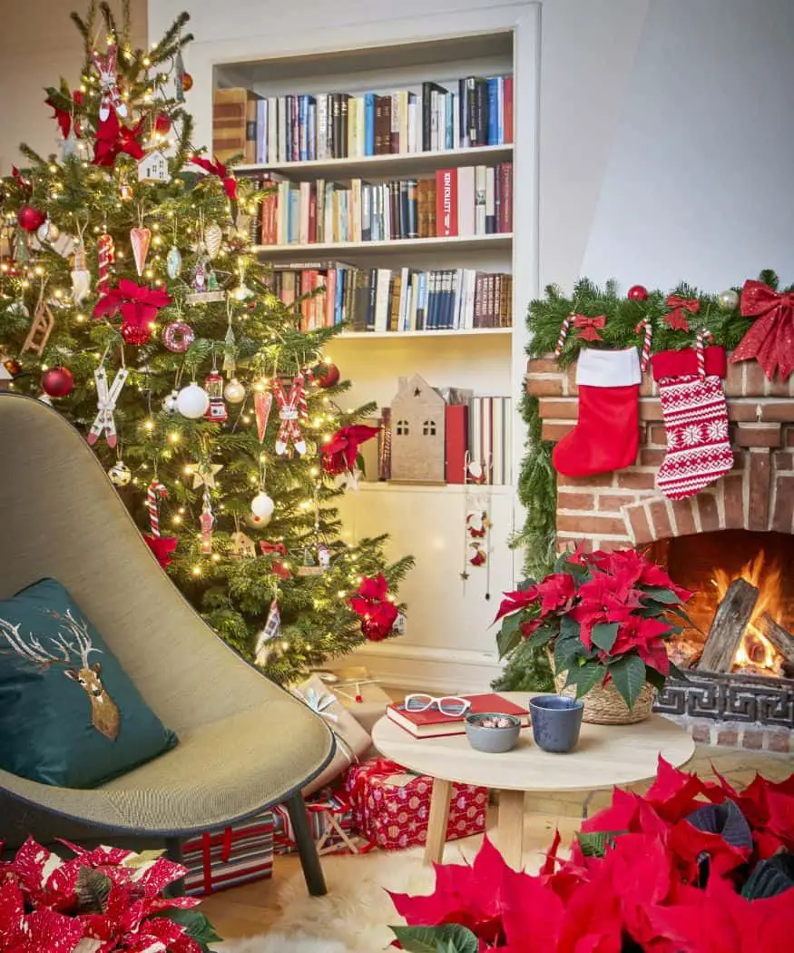 Vibrant Christmas Decor with Poinsettias and Firelight — Cozy Christmas Living Room