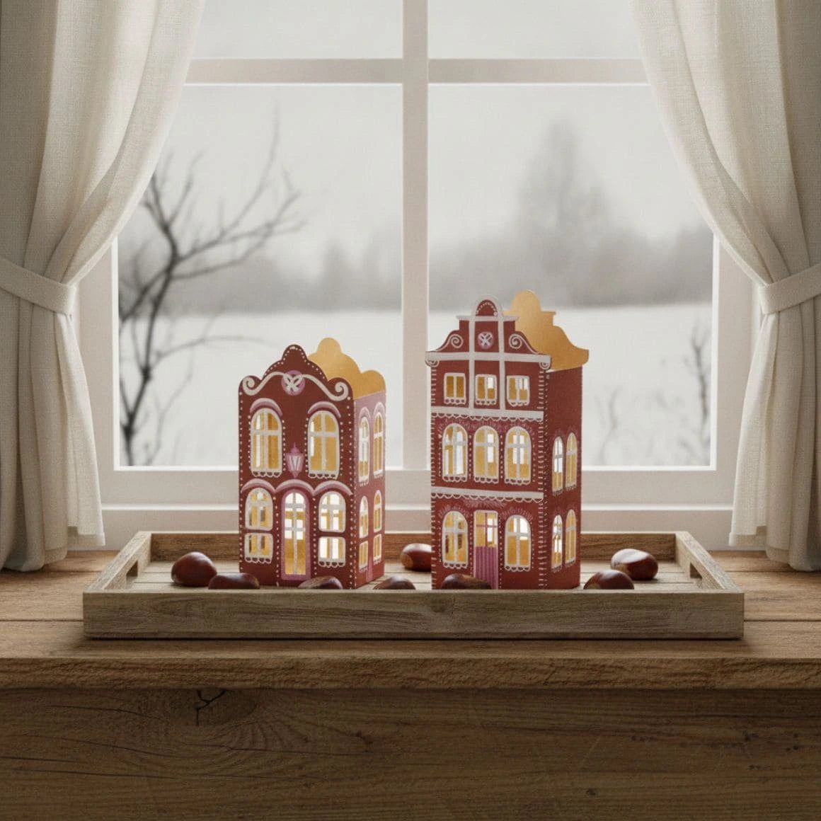 Whimsical Window Sill with Paper House Lanterns Whimsical Window Sill with Paper House Lanterns — Christmas Light Display Ideas