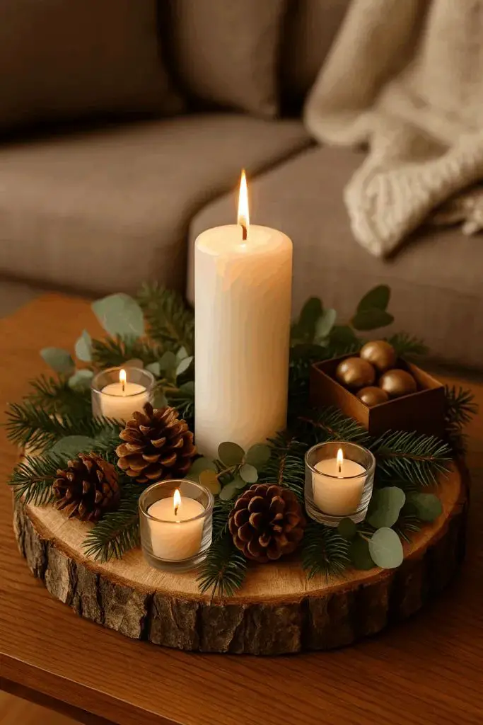 Rustic Natural Centerpiece on a Wood Slice Rustic Natural Centerpiece on a Wood Slice — Christmas Coffee Table Decor