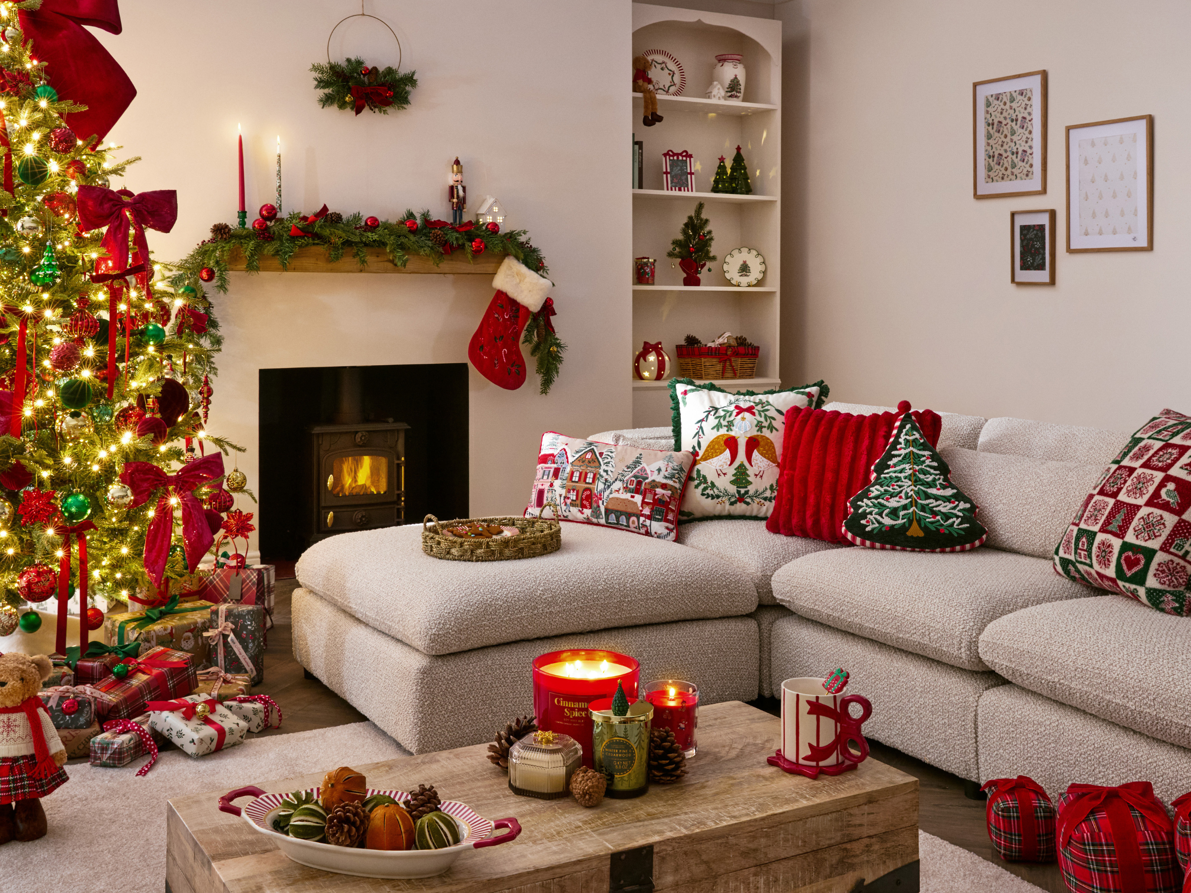 Cozy Living Room with Brightly Lit Tree and Stocking-Draped Mantel — Whimsical Christmas Decor