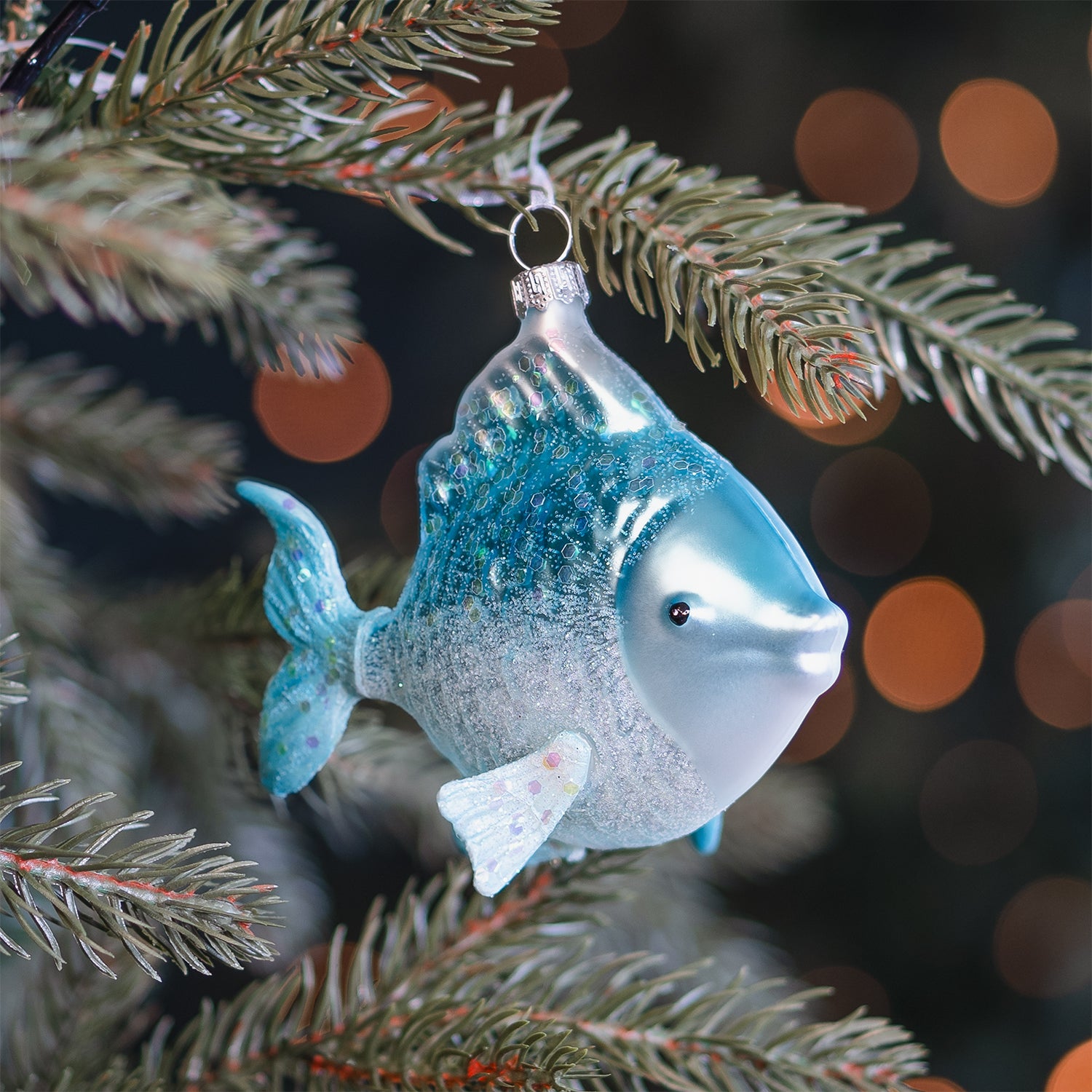 Whimsical Blue and Silver Glass Fish Ornament — Blue and Silver Christmas Tree