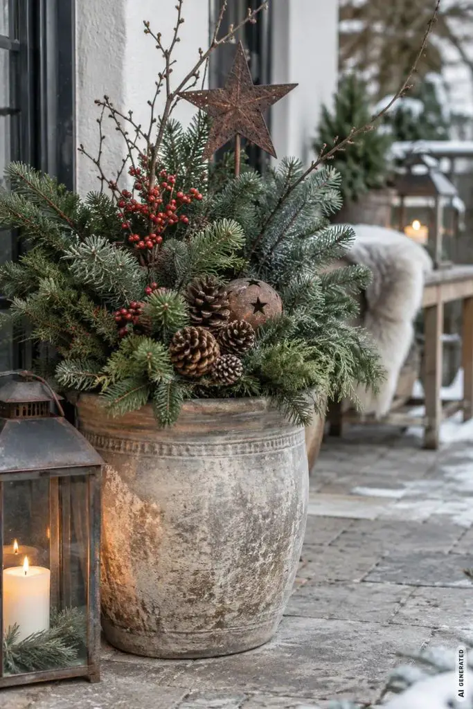 Rustic Stone Planter with Pine, Berries, and Star Topper Rustic Stone Planter with Pine, Berries, and Star Topper — Christmas Porch Planters