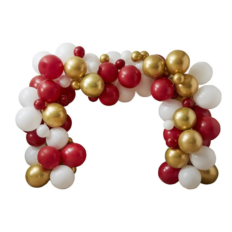 Red, White, and Gold Balloon Garland Arch Product Display — Christmas Balloon Garland