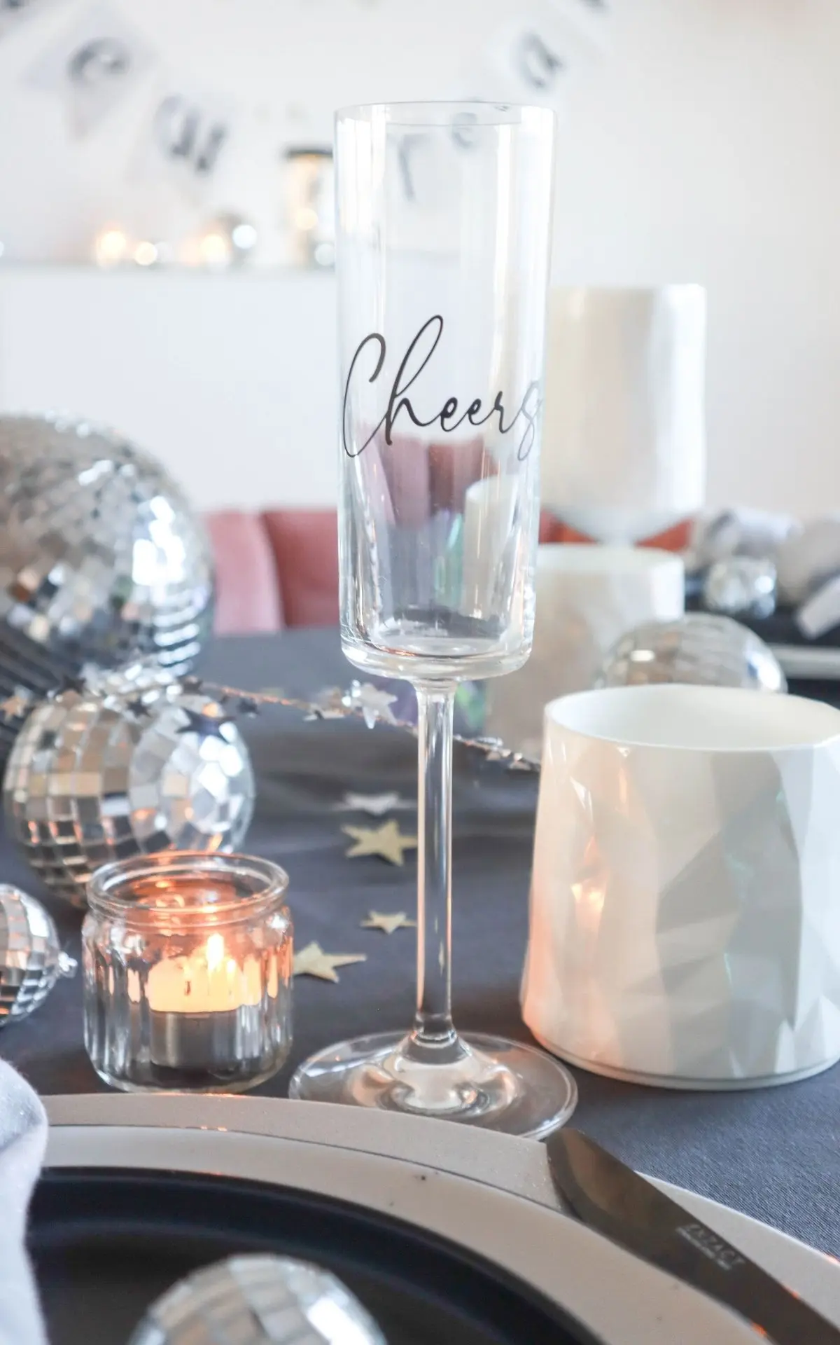 Modern Champagne Flute with 'Cheers' Text and Disco Balls Modern Champagne Flute with 'Cheers' Text and Disco Balls — New Years Eve Table Decor