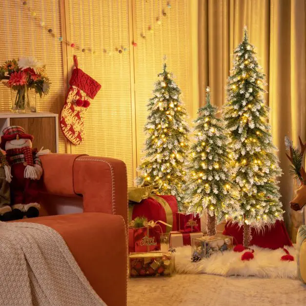 Cluster of Three Slim Christmas Trees Creates Abundant Festive Display Cluster of Three Slim Christmas Trees Creates Abundant Festive Display — Slim Christmas Tree Decor