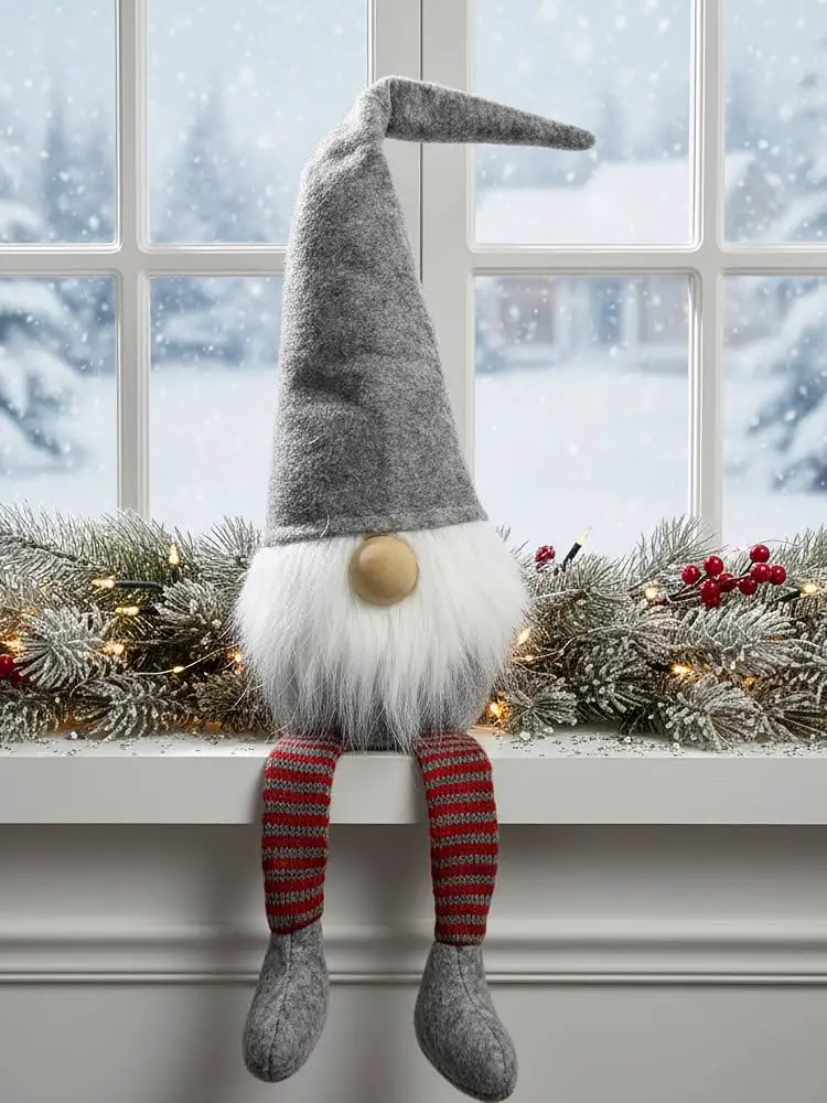 Large Fabric Gnome on Frosted Garland for Cozy Winter Feel — Farmhouse Christmas Mantel