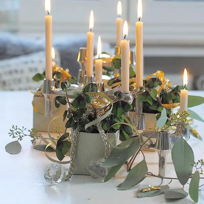 Tall Candle Centerpieces with Gold Accents and Greenery — Gold New Years Eve Decor