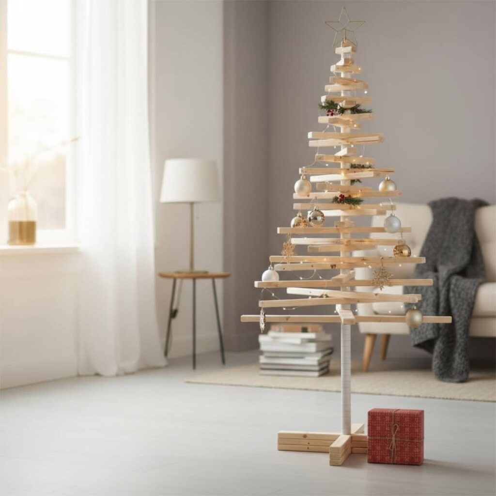 Central Wooden Christmas Tree in a Neutral Living Room — Minimalist Christmas Tree