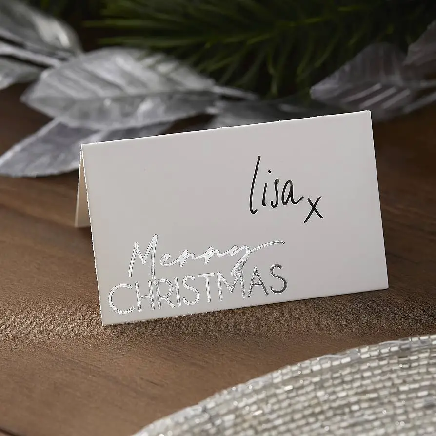 Modern Place Card with Silver Foil Lettering — Christmas Place Cards