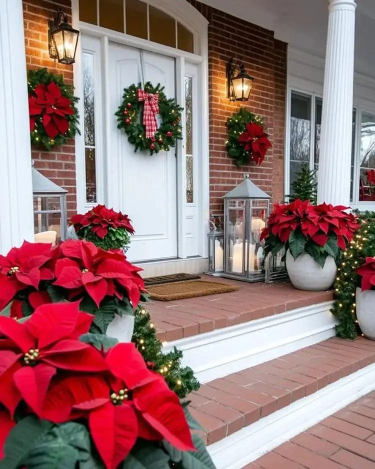 Vibrant Traditional Entry: Double Wreaths and Abundant Red Poinsettias Vibrant Traditional Entry: Double Wreaths and Abundant Red Poinsettias — Christmas Front Door Decor